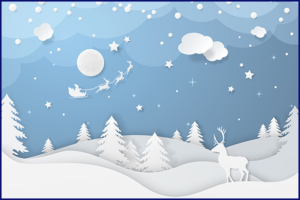 winter night scene in paper cut style with fir trees, sta