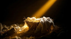 The holy manger in a nativity scene illuminated by a golden light from above. The birth of Jesus Christ and the Christian Christmas story concept